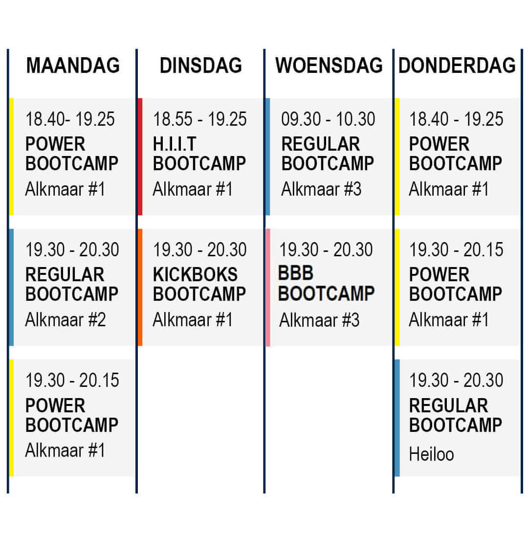 Lesrooster maandag - donderdag FitmetDylan Bootcamp Alkmaar, Heiloo, Schoorl en Geestmerambacht